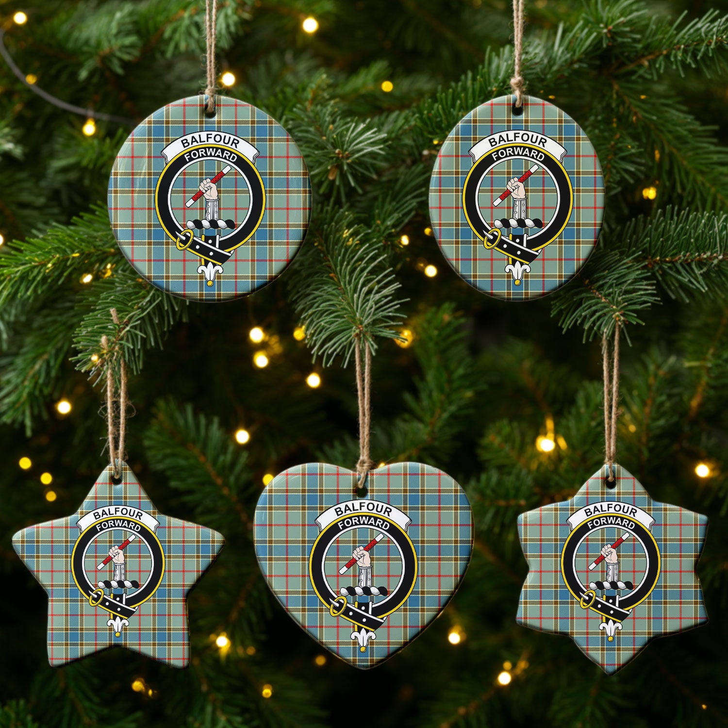 Balfour Blue Tartan Crest Christmas Ceramic Ornament