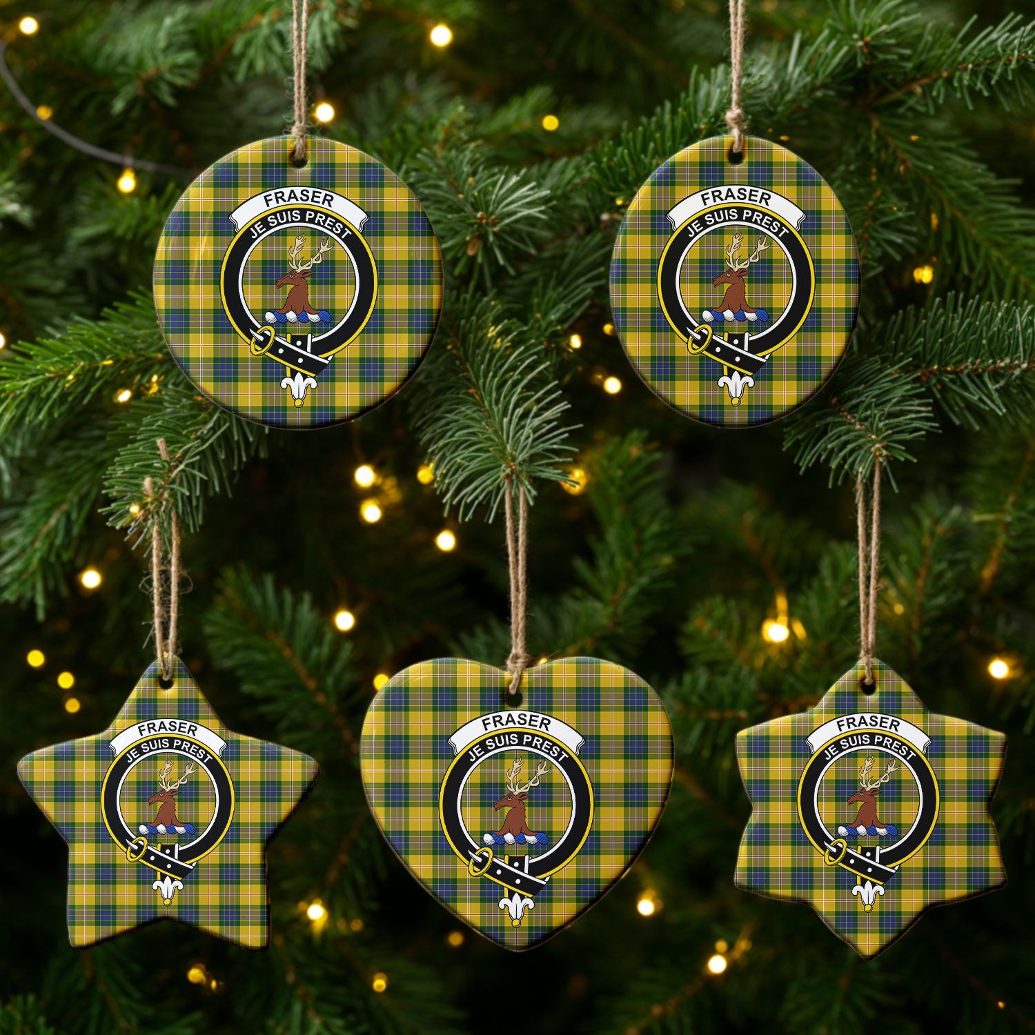 Fraser (of Lovat) Yellow Tartan Crest Christmas Ceramic Ornament