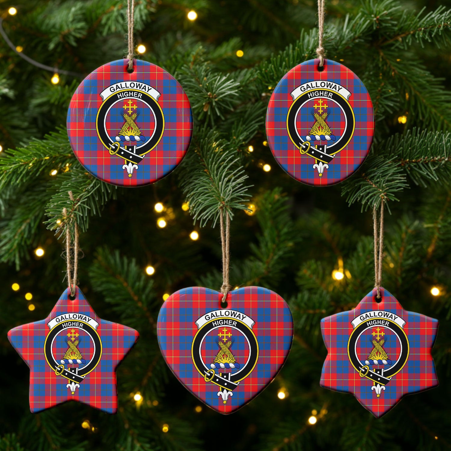 Galloway Red Tartan Crest Christmas Ceramic Ornament