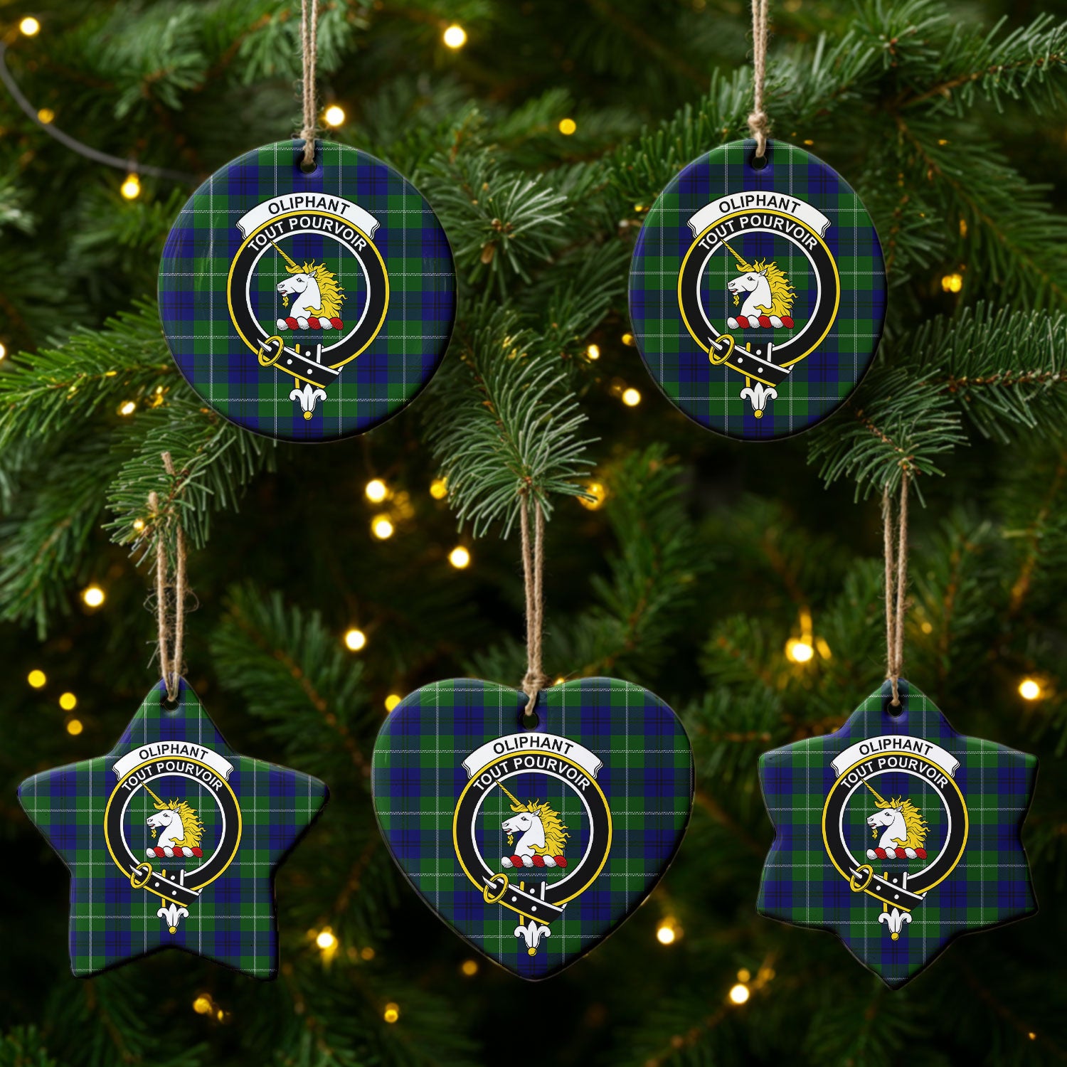 Oliphant Modern Tartan Crest Christmas Ceramic Ornament