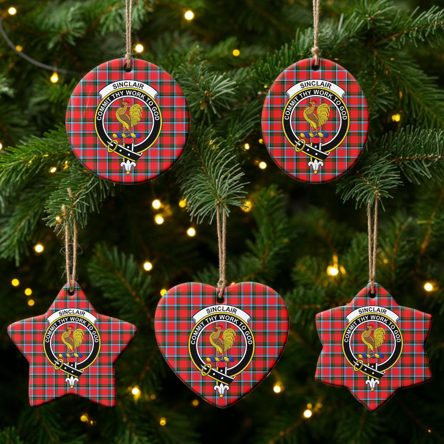 Sinclair Modern Tartan Crest Christmas Ceramic Ornament