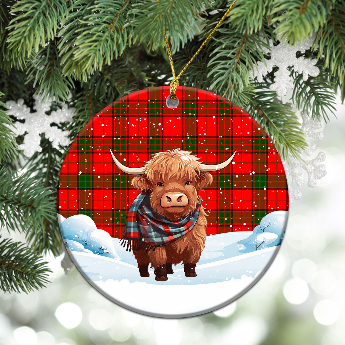 Adair Modern Tartan Christmas Ceramic Ornament - Highland Cows Snow Style