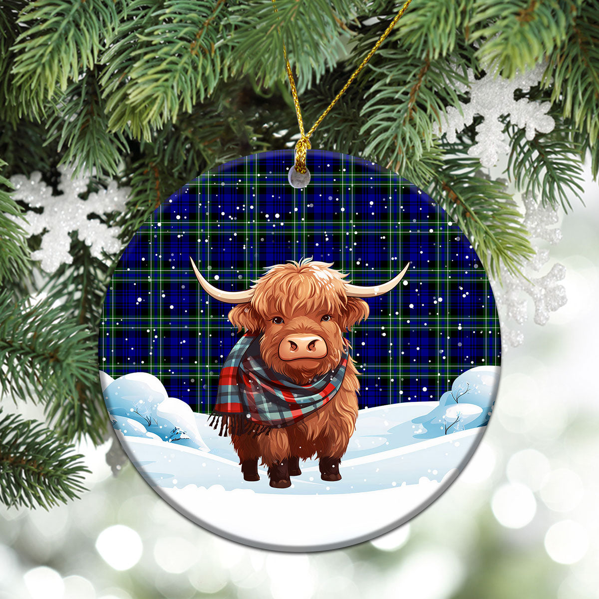 Arbuthnot Modern Tartan Christmas Ceramic Ornament - Highland Cows Snow Style