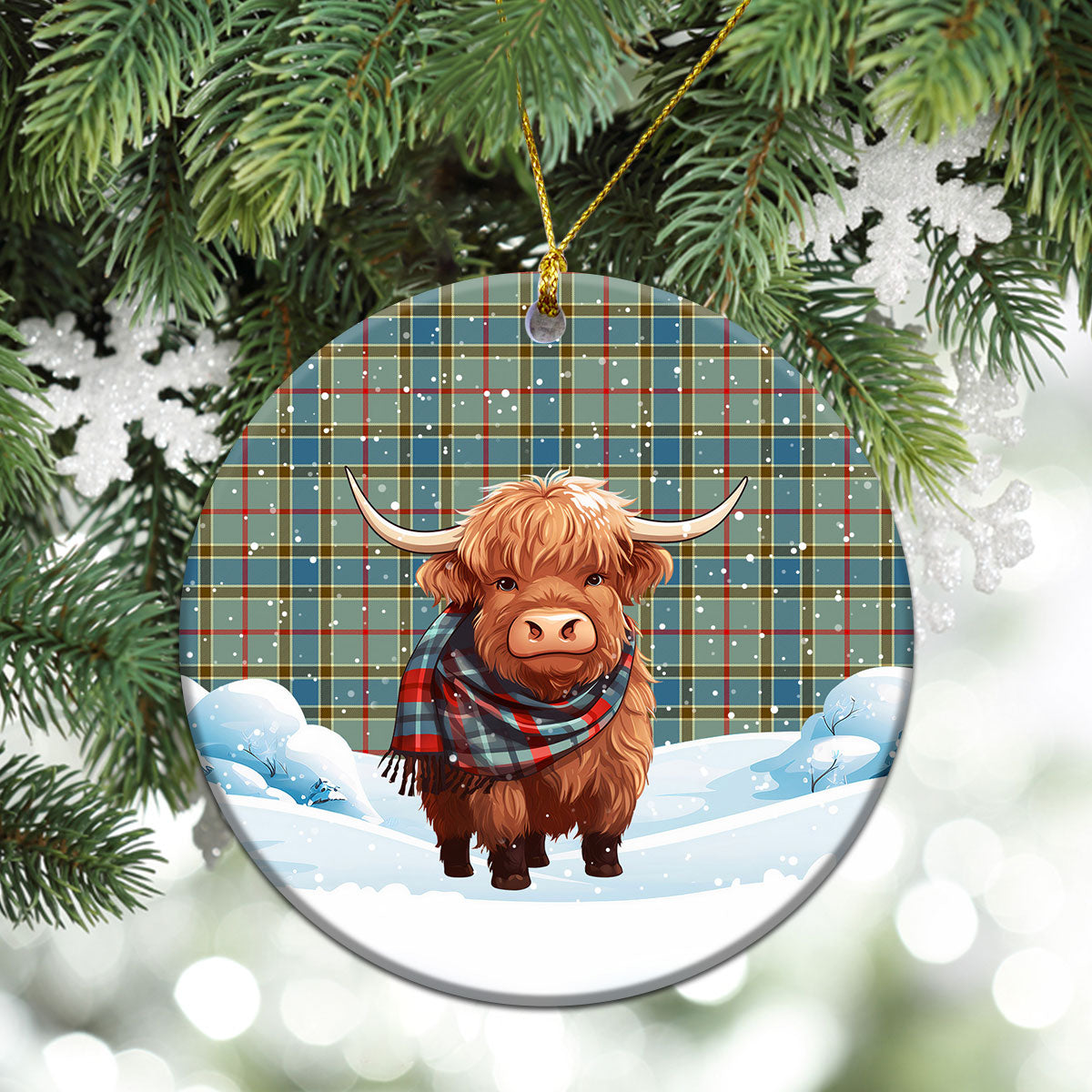 Balfour Blue Tartan Christmas Ceramic Ornament - Highland Cows Snow Style