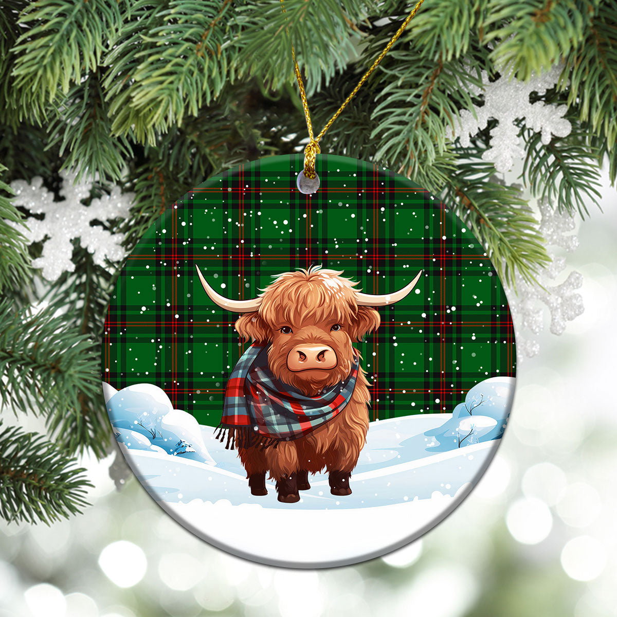 Beveridge Tartan Christmas Ceramic Ornament - Highland Cows Snow Style