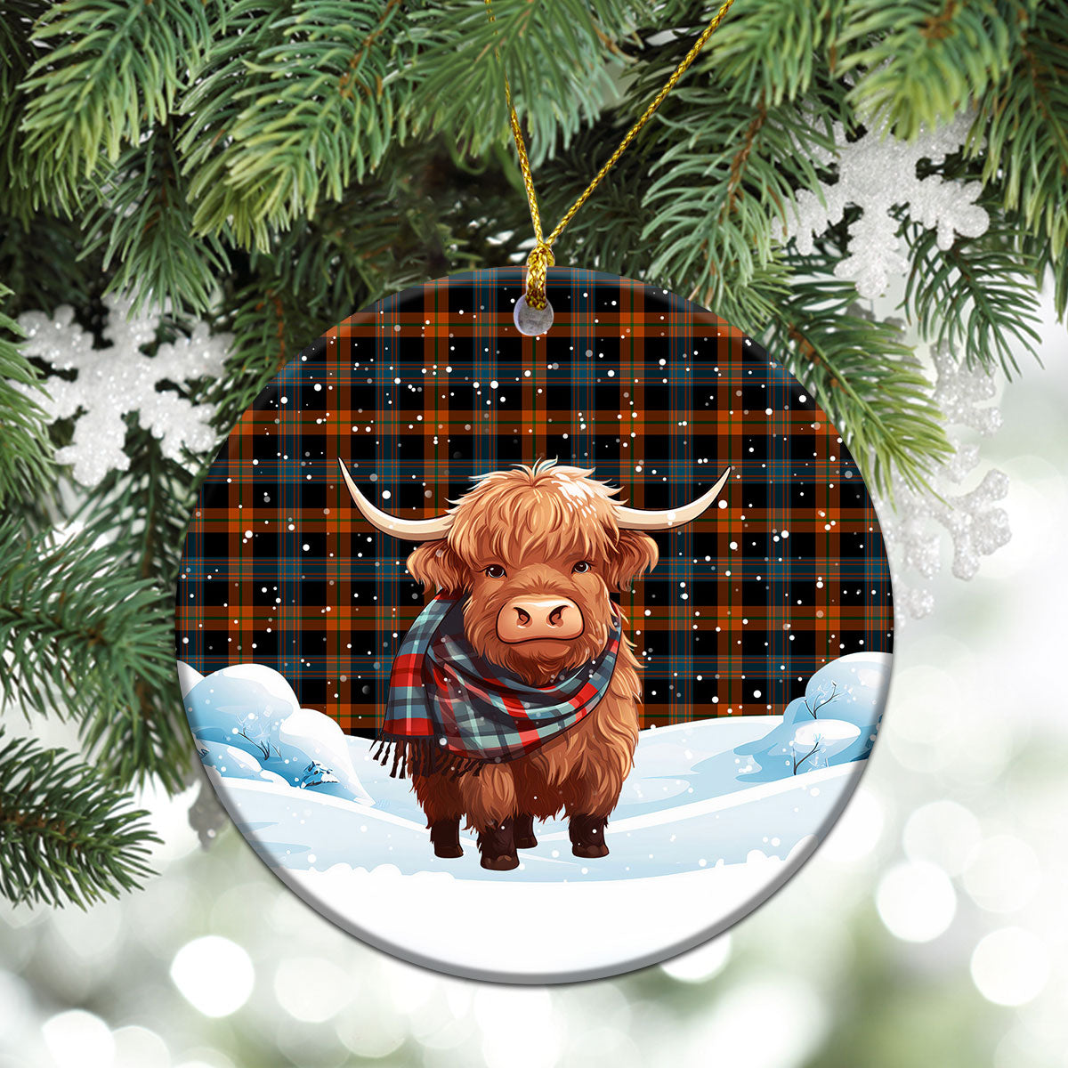Broun Ancient Tartan Christmas Ceramic Ornament - Highland Cows Snow Style
