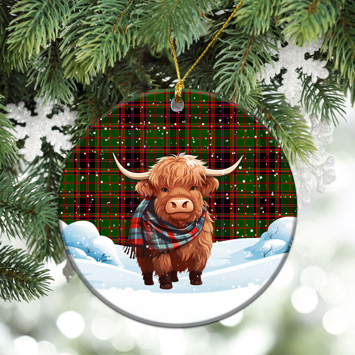 Buchan Modern Tartan Christmas Ceramic Ornament - Highland Cows Snow Style