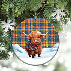 Buchanan Ancient Tartan Christmas Ceramic Ornament - Highland Cows Snow Style
