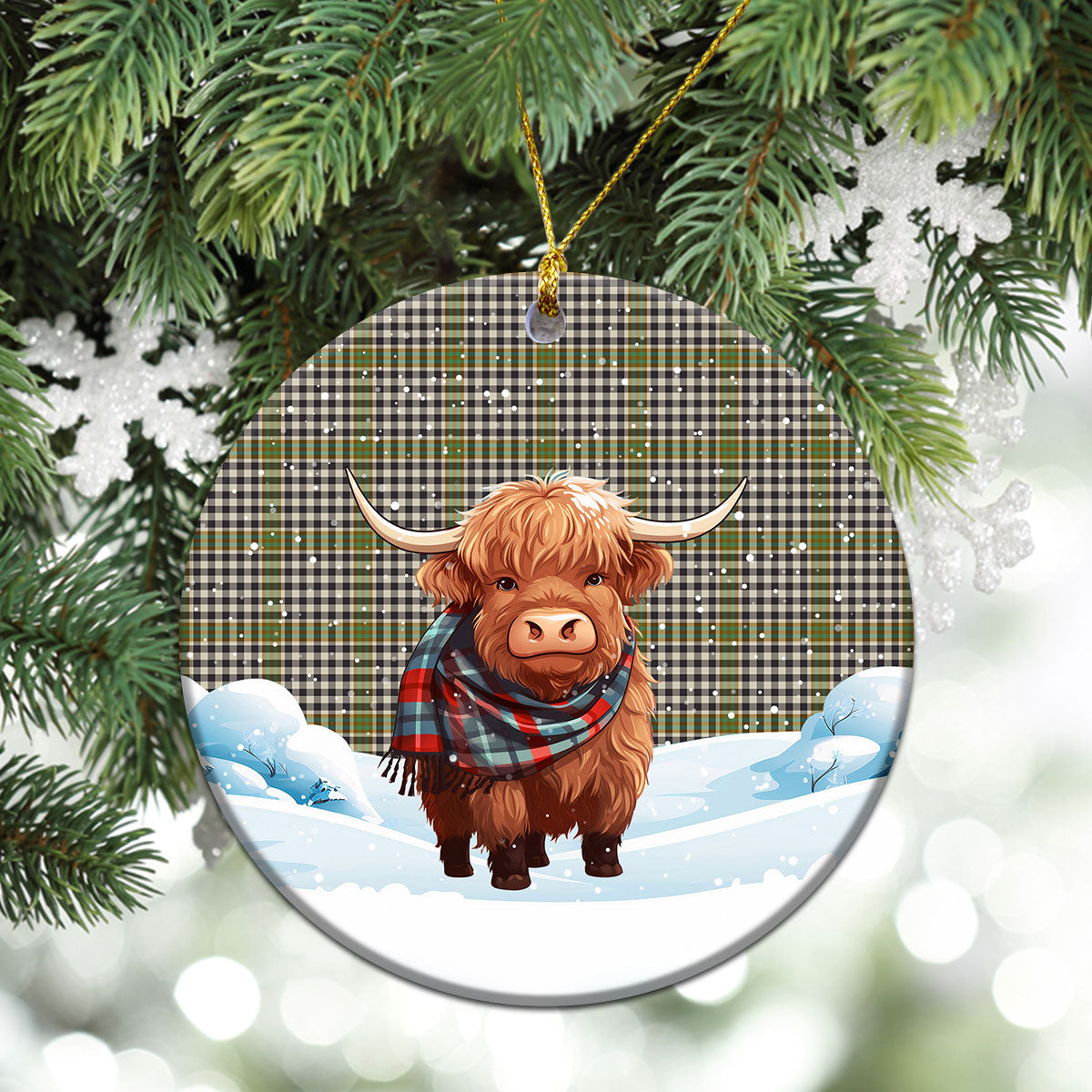 Burns Check Tartan Christmas Ceramic Ornament - Highland Cows Snow Style