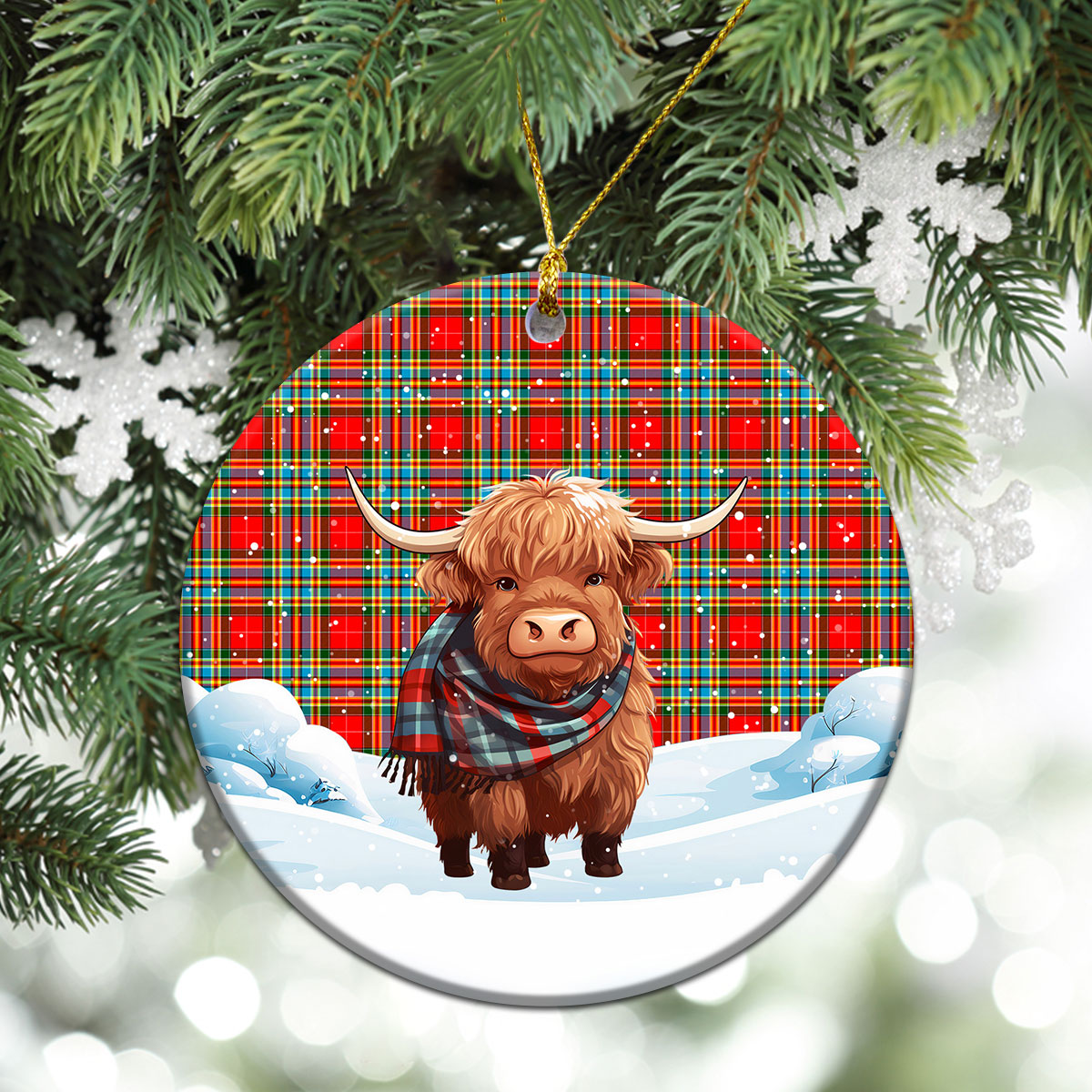 Chattan Tartan Christmas Ceramic Ornament - Highland Cows Snow Style