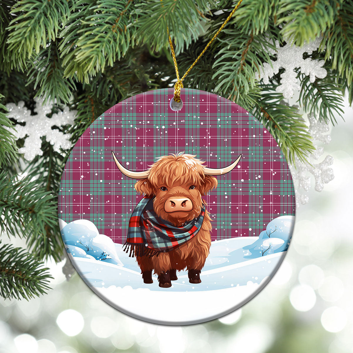 Crawford Ancient Tartan Christmas Ceramic Ornament - Highland Cows Snow Style