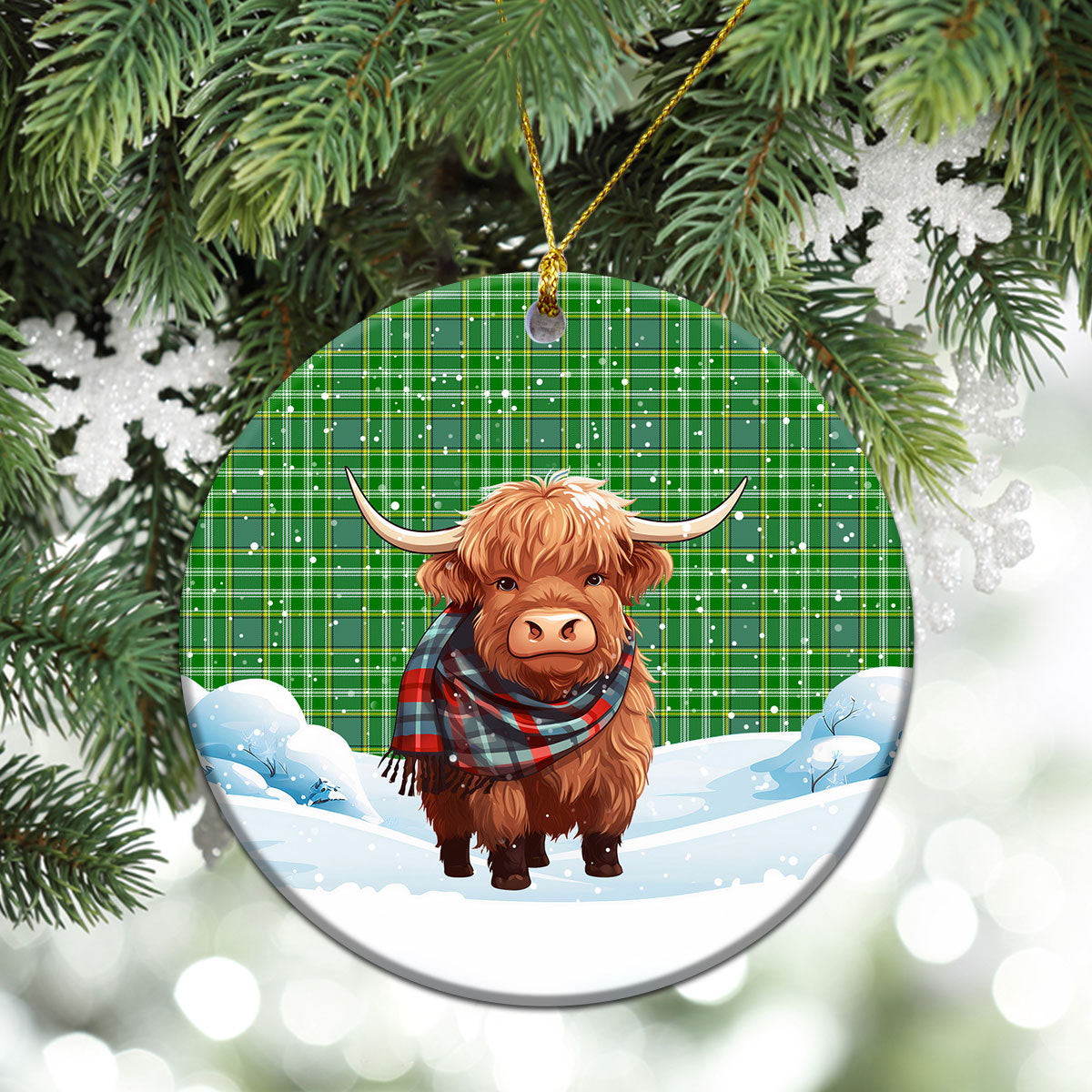 Currie Tartan Christmas Ceramic Ornament - Highland Cows Snow Style