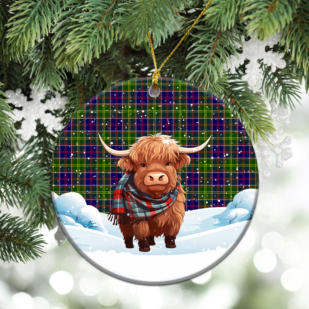 Dalrymple Tartan Christmas Ceramic Ornament - Highland Cows Snow Style