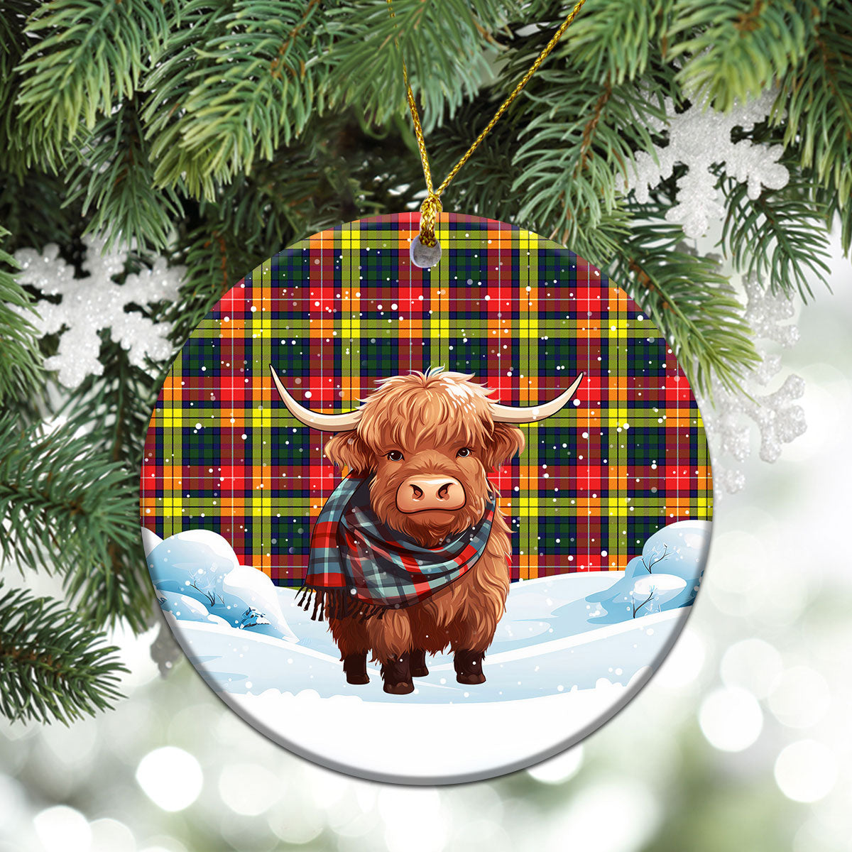 Dewar Tartan Christmas Ceramic Ornament - Highland Cows Snow Style