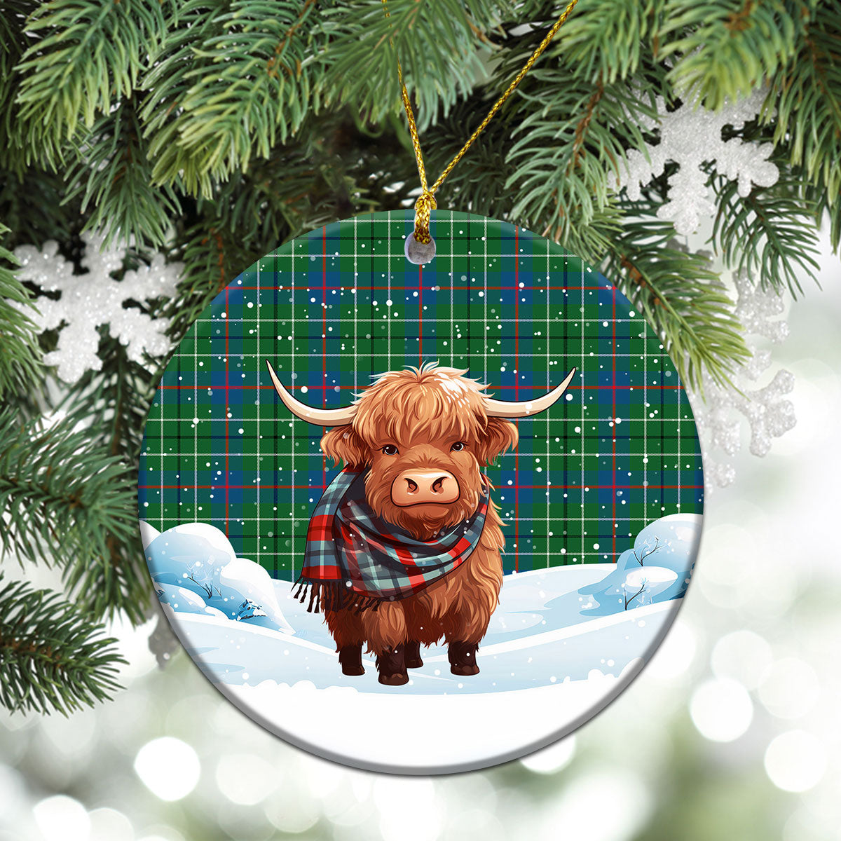 Duncan Ancient Tartan Christmas Ceramic Ornament - Highland Cows Snow Style