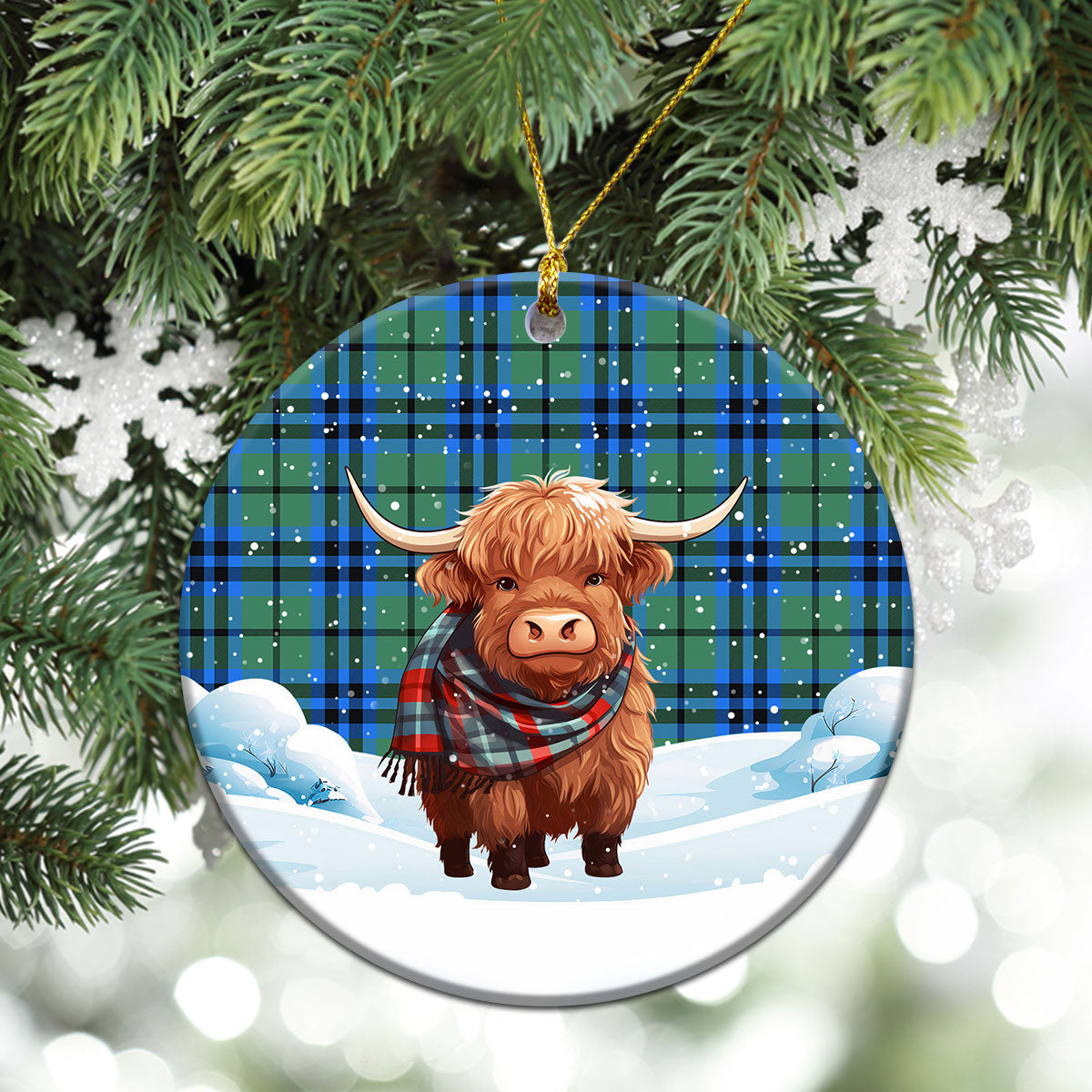 Falconer Tartan Christmas Ceramic Ornament - Highland Cows Snow Style