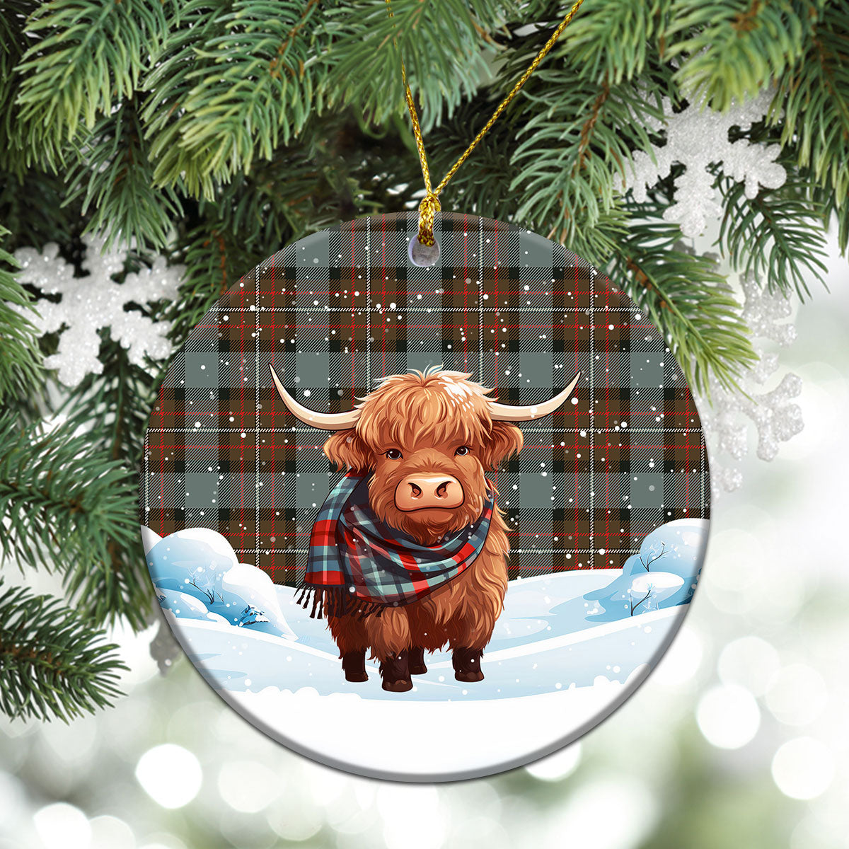 Fergusson Weathered Tartan Christmas Ceramic Ornament - Highland Cows Snow Style