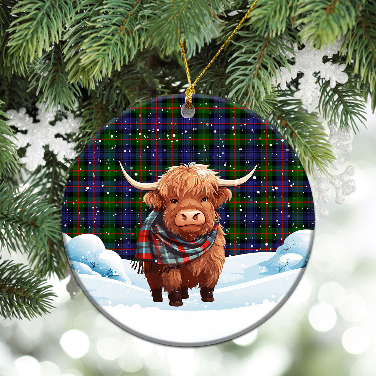 Fleming Tartan Christmas Ceramic Ornament - Highland Cows Snow Style