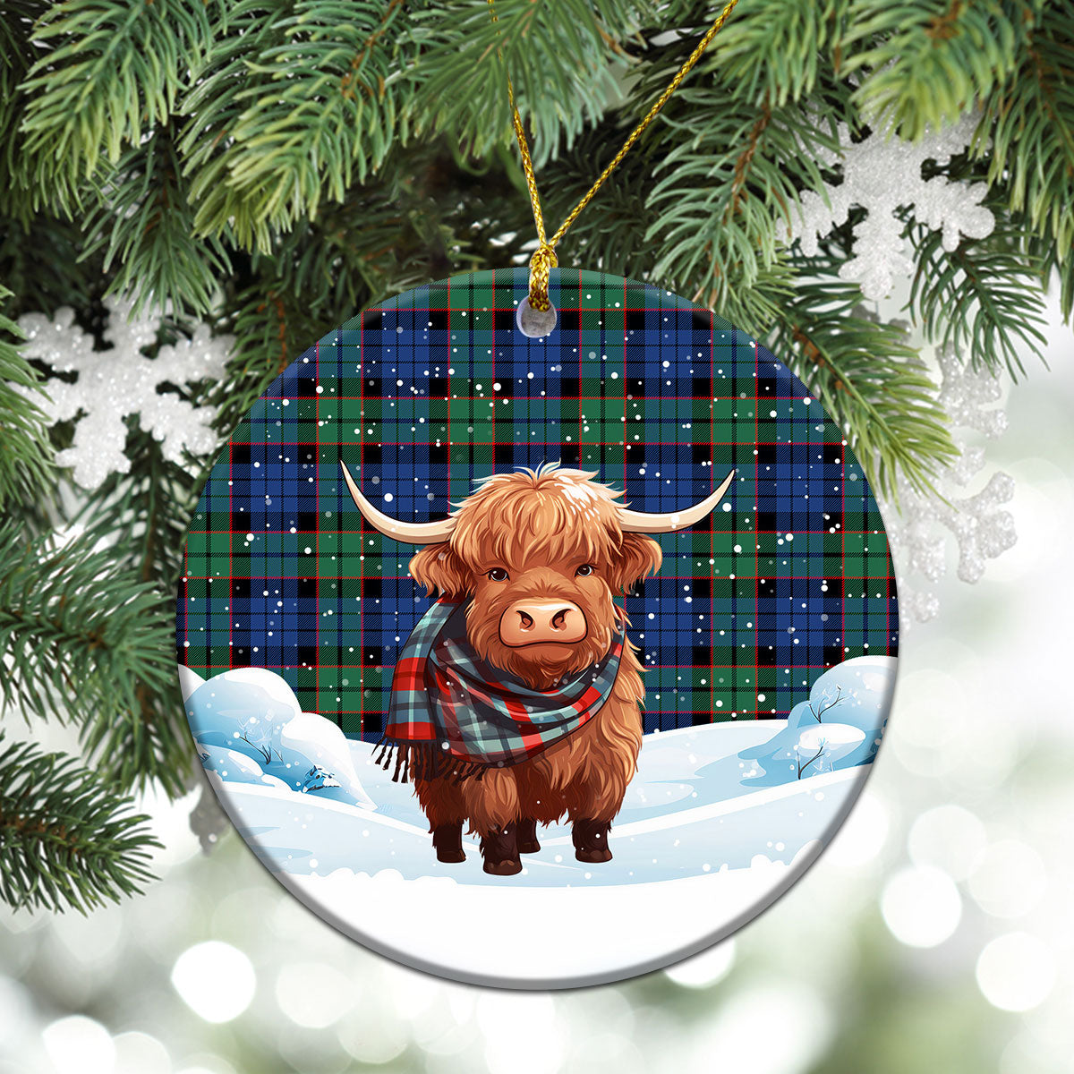 Fletcher Ancient Tartan Christmas Ceramic Ornament - Highland Cows Snow Style
