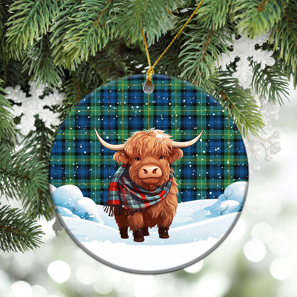 Gordon Ancient Tartan Christmas Ceramic Ornament - Highland Cows Snow Style