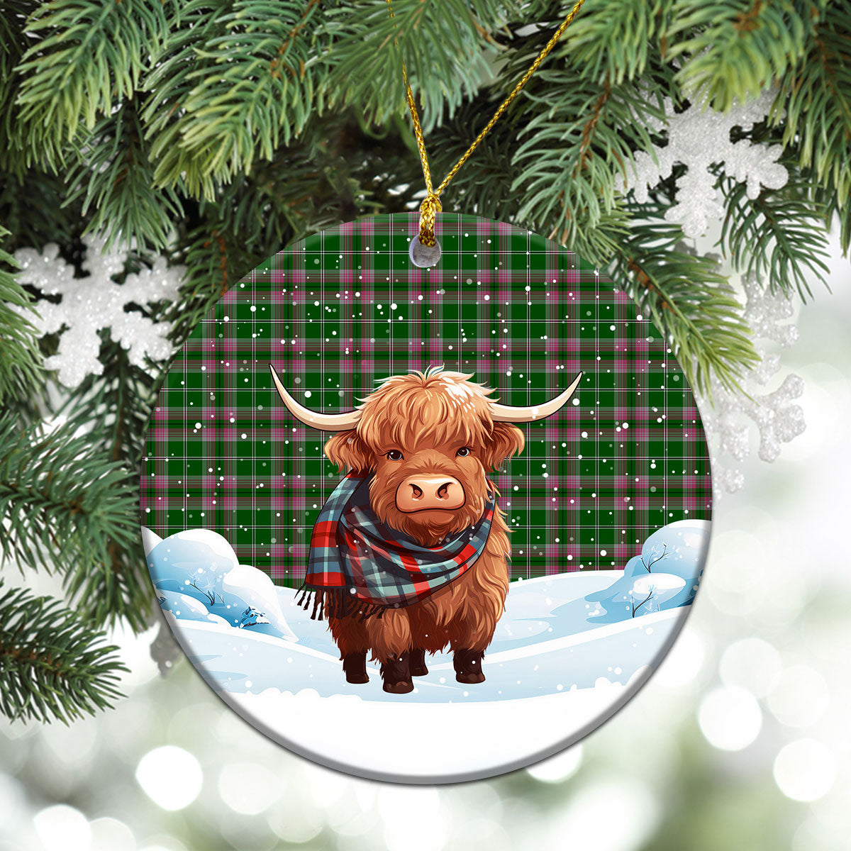 Gray Hunting Tartan Christmas Ceramic Ornament - Highland Cows Snow Style