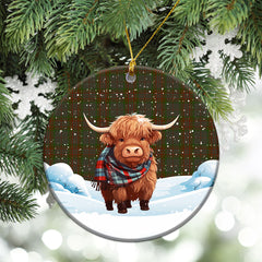 Gray Tartan Christmas Ceramic Ornament - Highland Cows Snow Style