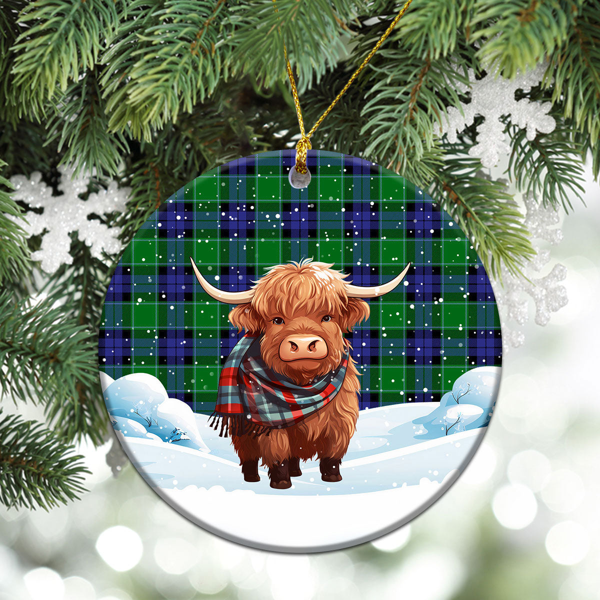 Haldane Tartan Christmas Ceramic Ornament - Highland Cows Snow Style