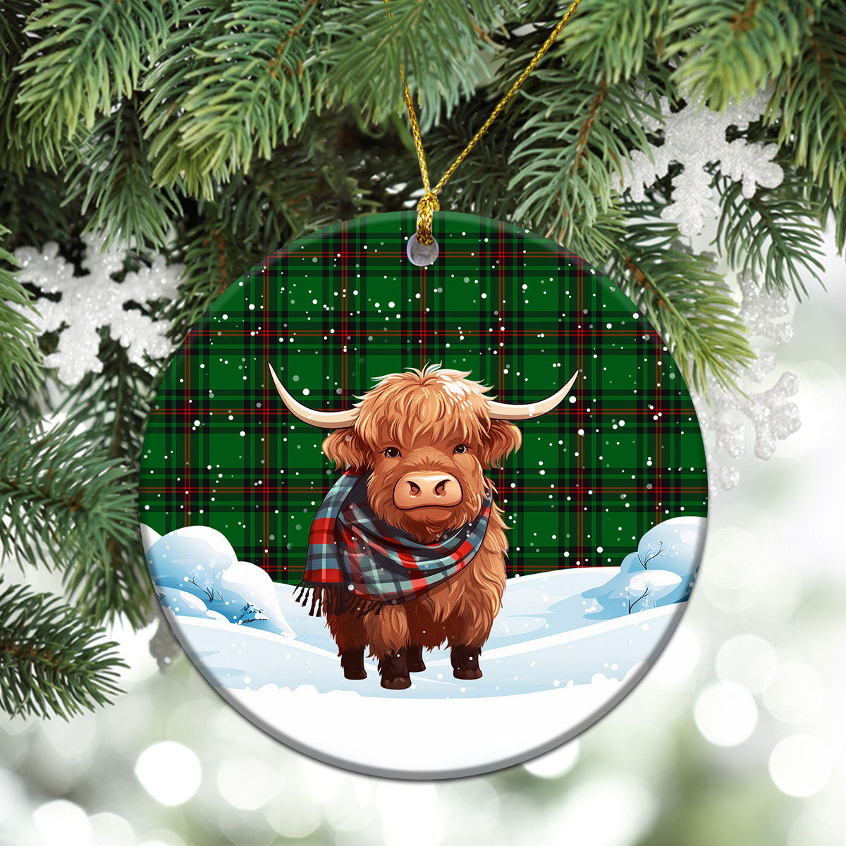 Halkerston Tartan Christmas Ceramic Ornament - Highland Cows Snow Style