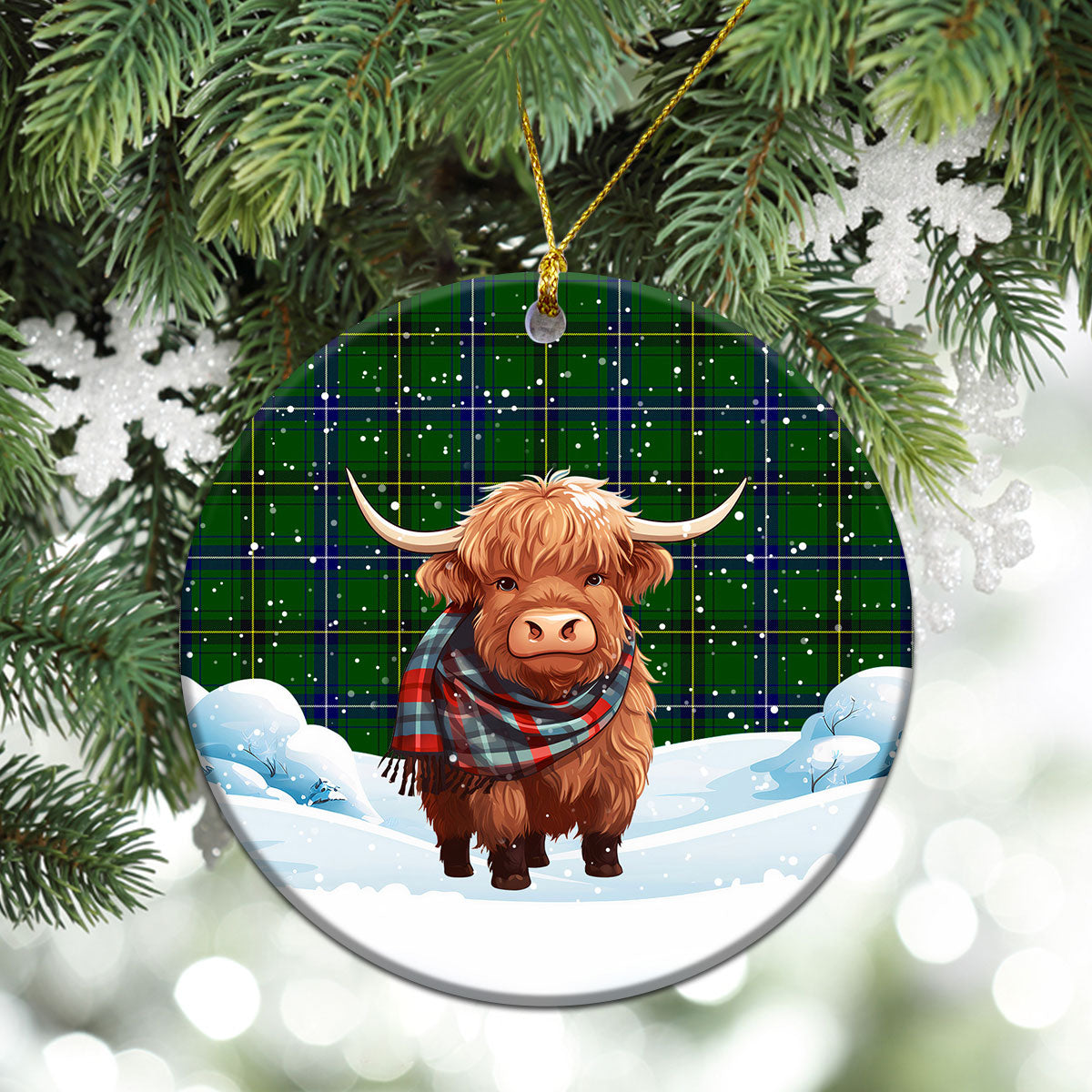 Henderson Modern Tartan Christmas Ceramic Ornament - Highland Cows Snow Style