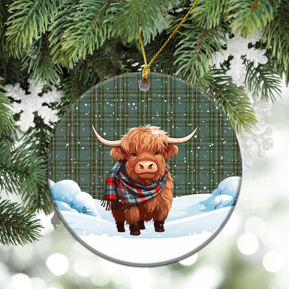 Kelly Dress Tartan Christmas Ceramic Ornament - Highland Cows Snow Style