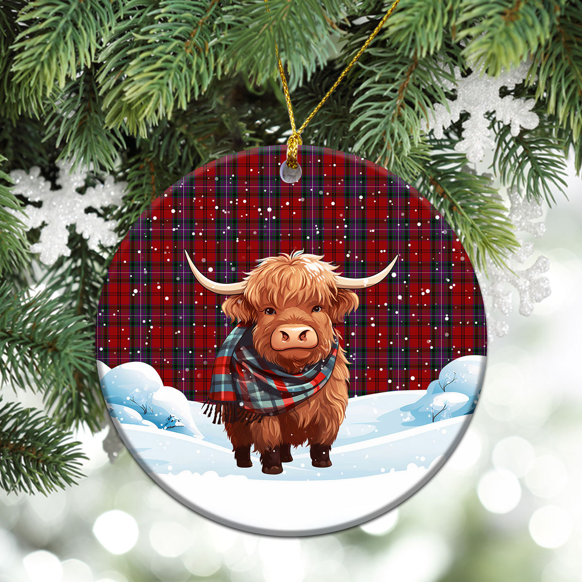 Kelly of Sleat Red Tartan Christmas Ceramic Ornament - Highland Cows Snow Style