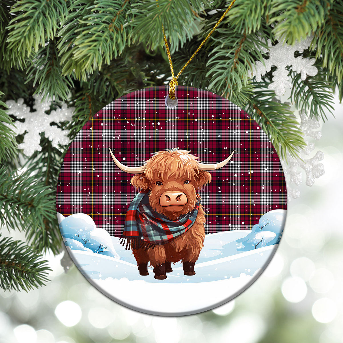 Little Tartan Christmas Ceramic Ornament - Highland Cows Snow Style