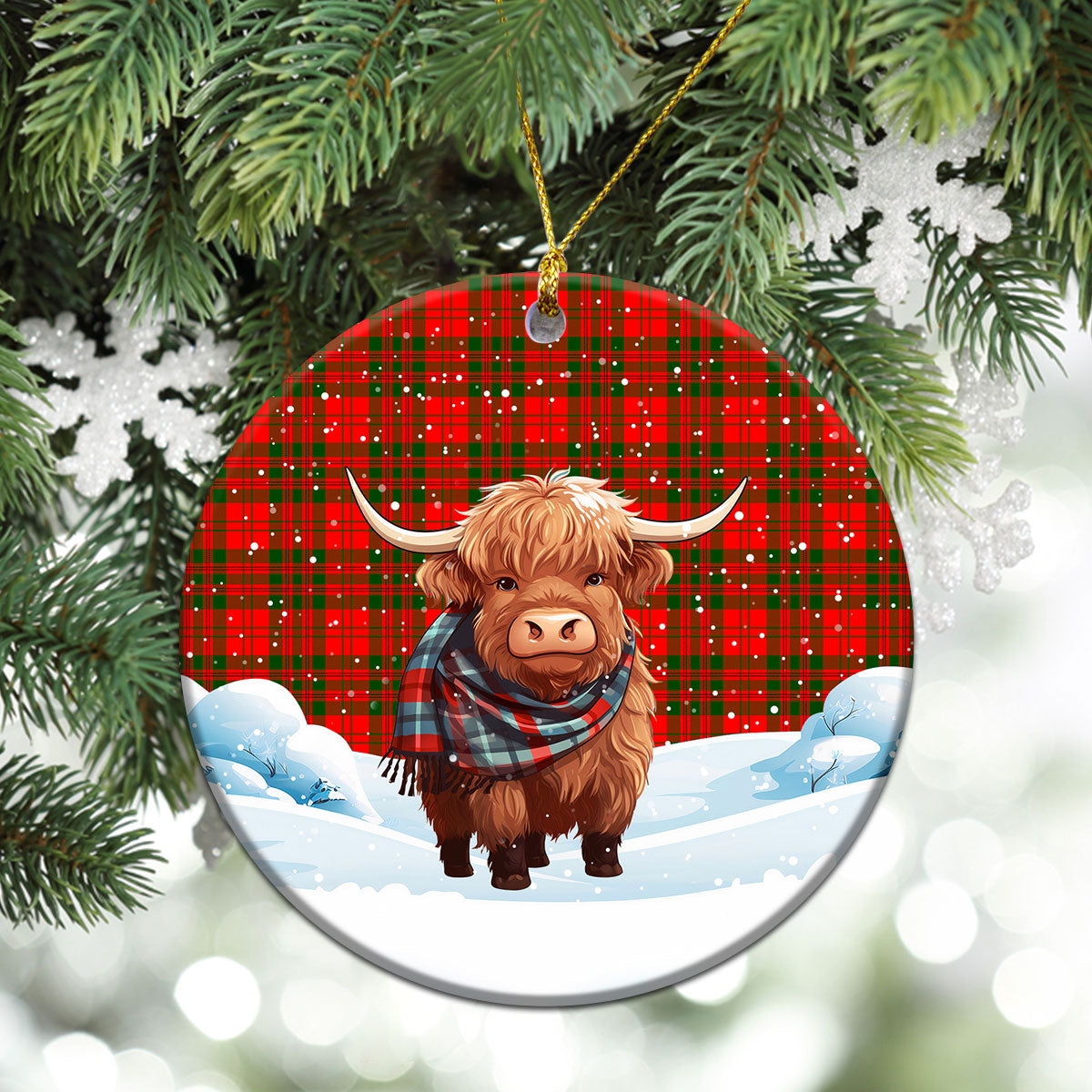 Livingstone Tartan Christmas Ceramic Ornament - Highland Cows Snow Style