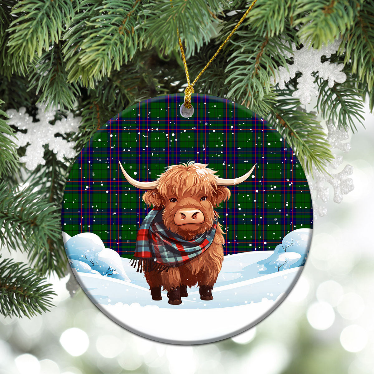 Lockhart Modern Tartan Christmas Ceramic Ornament - Highland Cows Snow Style