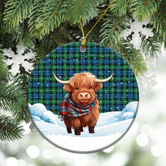 Lyon Tartan Christmas Ceramic Ornament - Highland Cows Snow Style