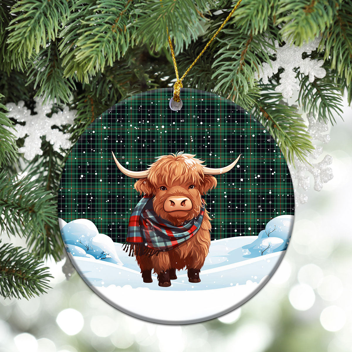 MacAuley Hunting Ancient Tartan Christmas Ceramic Ornament - Highland Cows Snow Style