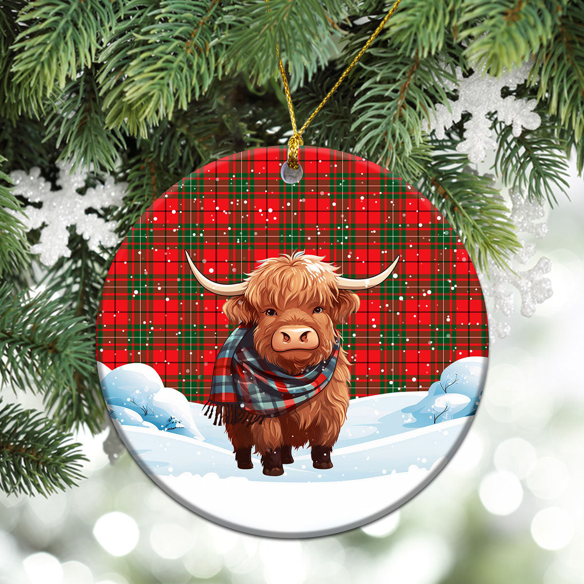 MacAuley Modern Tartan Christmas Ceramic Ornament - Highland Cows Snow Style