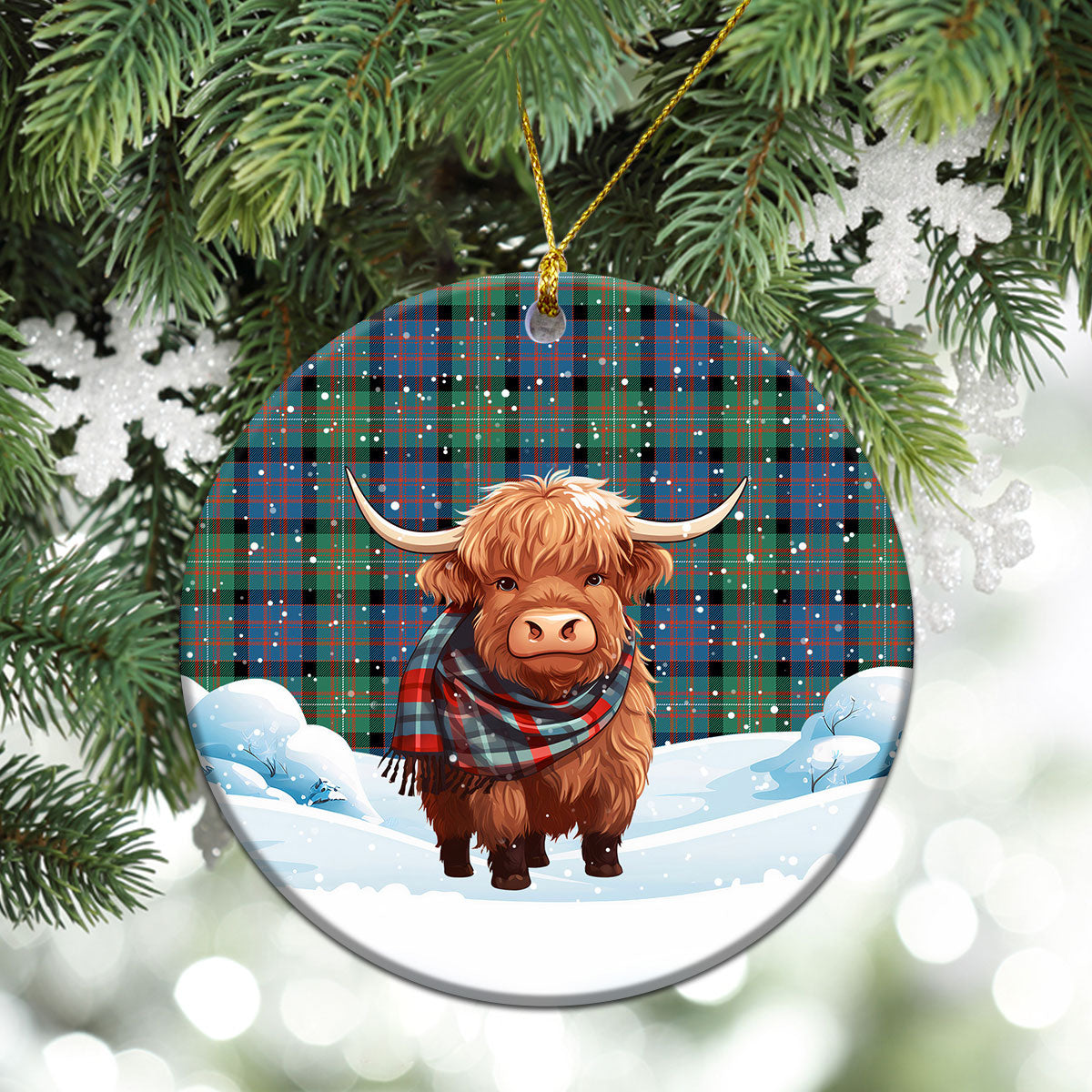 MacDonnell of Glengarry Ancient Tartan Christmas Ceramic Ornament - Highland Cows Snow Style