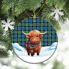 MacEwan Ancient Tartan Christmas Ceramic Ornament - Highland Cows Snow Style