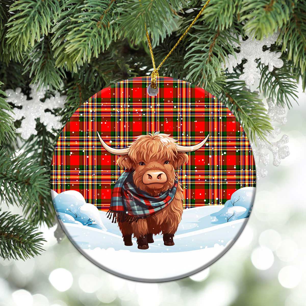 MacGill Modern Tartan Christmas Ceramic Ornament - Highland Cows Snow Style