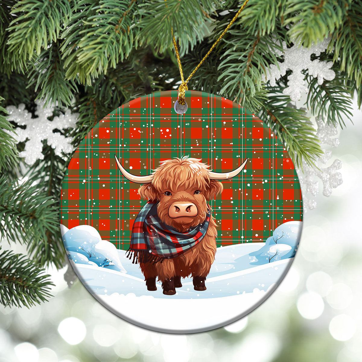 MacGregor Ancient Tartan Christmas Ceramic Ornament - Highland Cows Snow Style