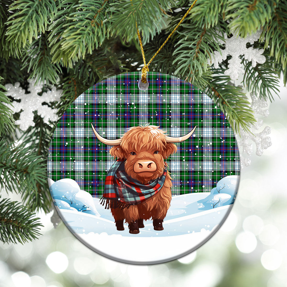 MacKenzie Dress Modern Tartan Christmas Ceramic Ornament - Highland Cows Snow Style