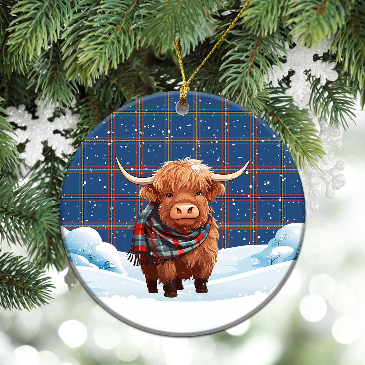 MacLaine of Loch Buie Hunting Ancient Tartan Christmas Ceramic Ornament - Highland Cows Snow Style