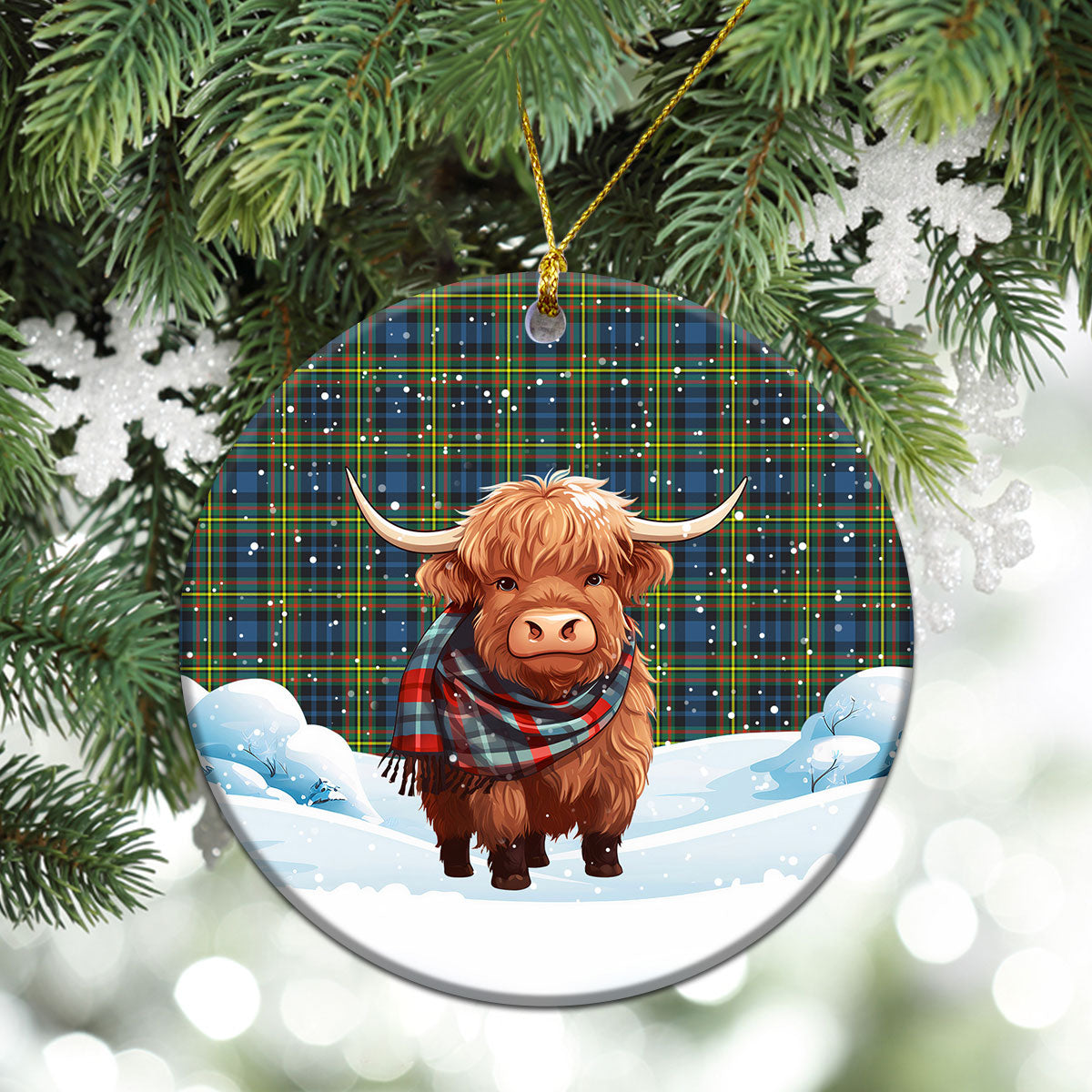 MacLellan Ancient Tartan Christmas Ceramic Ornament - Highland Cows Snow Style