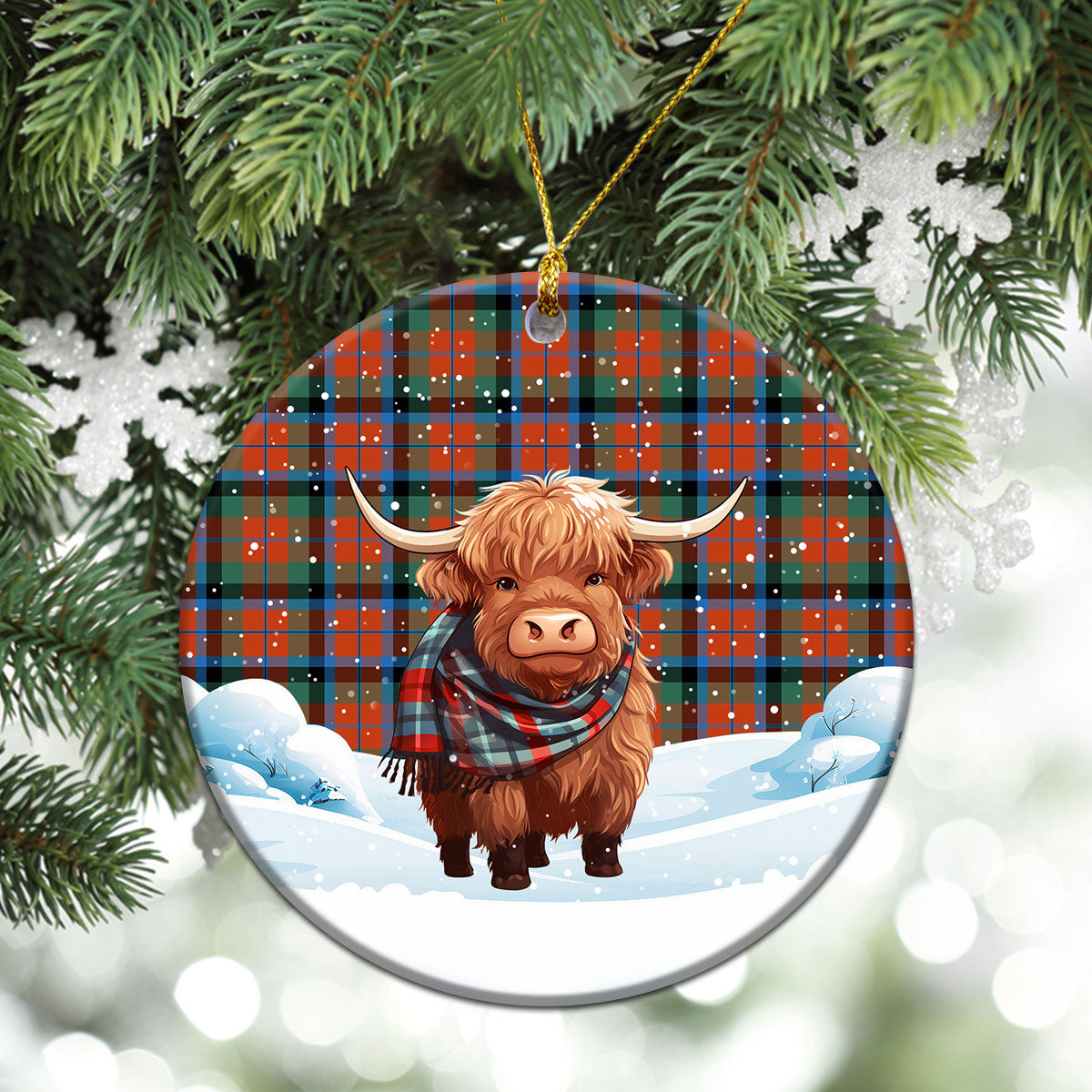 MacNaughton Ancient Tartan Christmas Ceramic Ornament - Highland Cows Snow Style