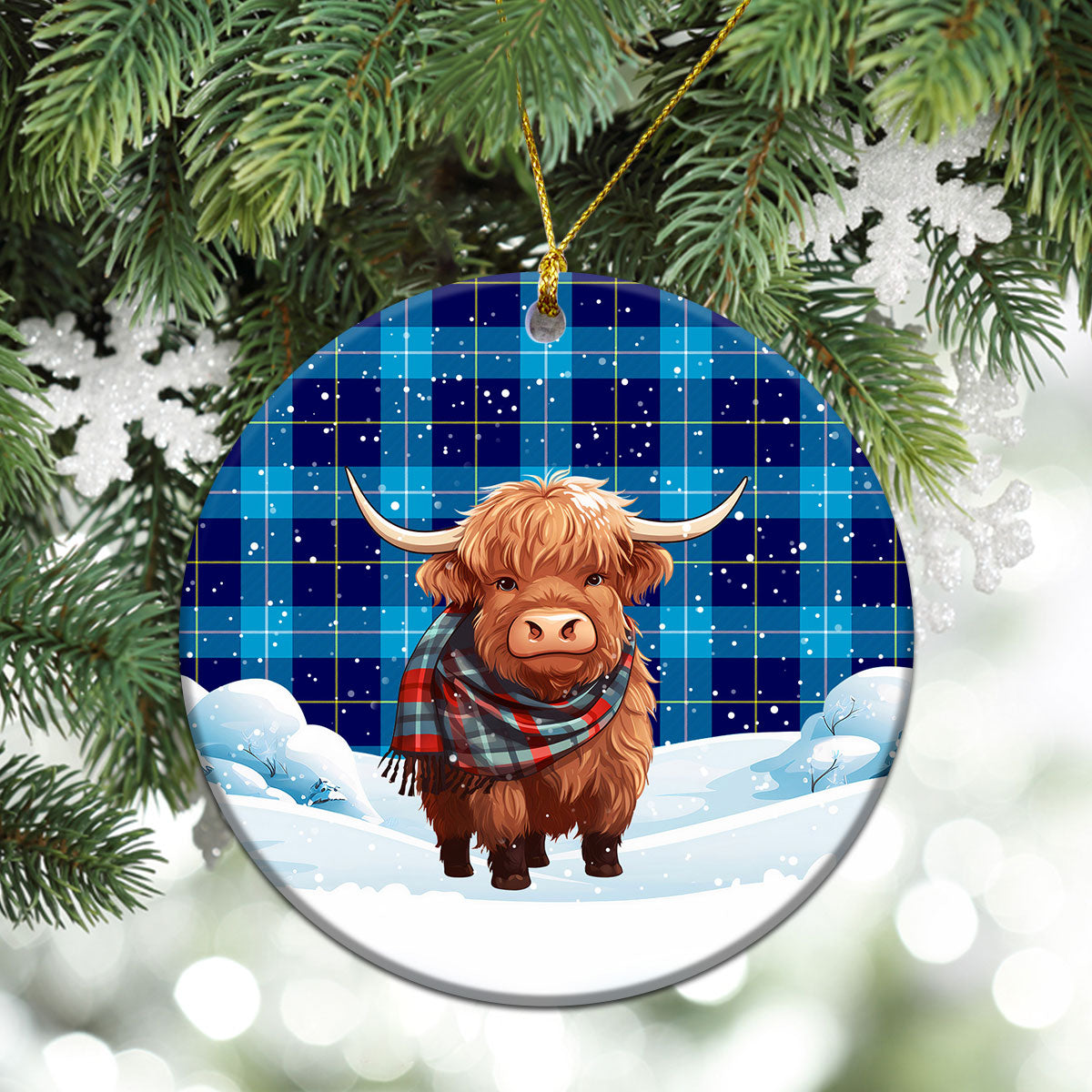 McKerrell Tartan Christmas Ceramic Ornament - Highland Cows Snow Style