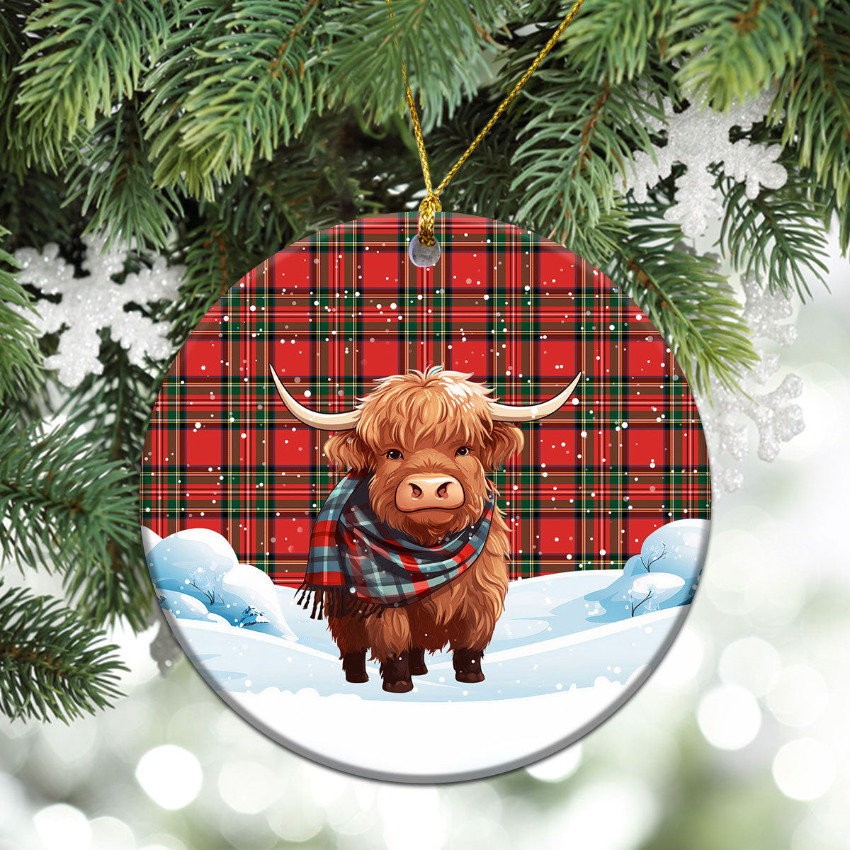 Monypenny Tartan Christmas Ceramic Ornament - Highland Cows Snow Style
