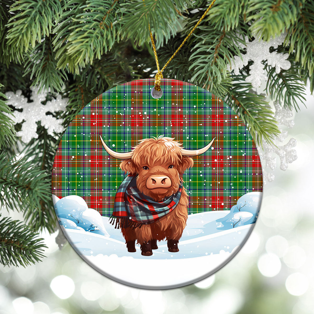 Muirhead Tartan Christmas Ceramic Ornament - Highland Cows Snow Style