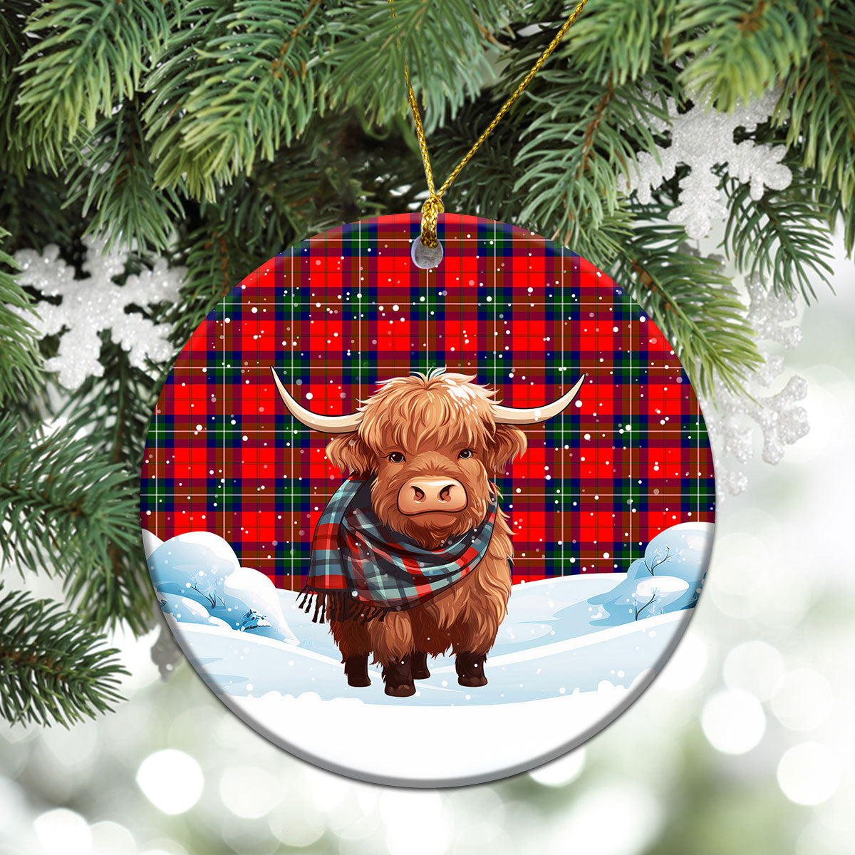 Ruthven Modern Tartan Christmas Ceramic Ornament - Highland Cows Snow Style