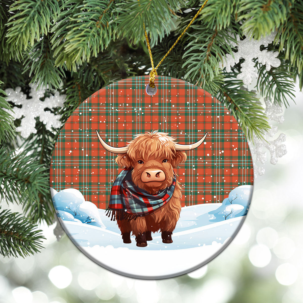 Scott Ancient Tartan Christmas Ceramic Ornament - Highland Cows Snow Style